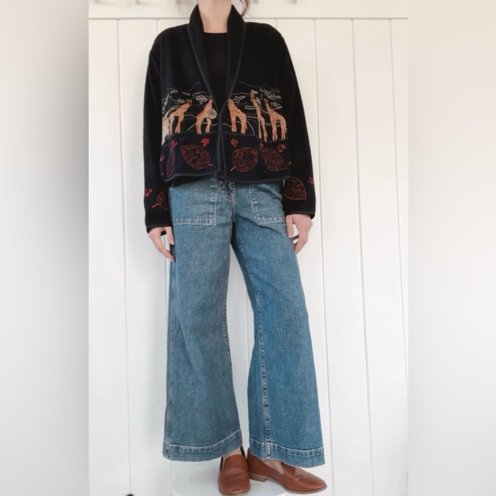 Ali Miles Embroidered Jacket Wool Animals Giraffes Artsy Art Teacher Unique - Picture 1 of 16